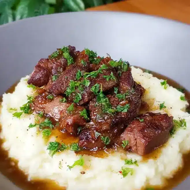 beef steak with mashed potatoes