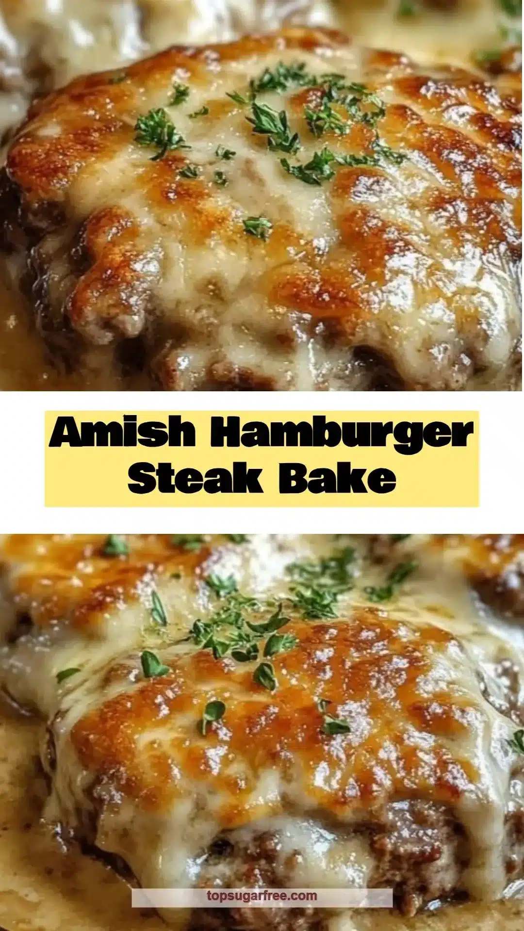 Amish Hamburger Steak Bake served on a plate with gravy and sides