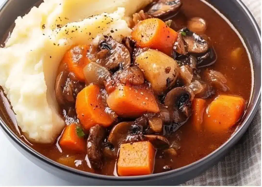 Delicious bowl of the best vegetarian stew filled with fresh vegetables and herbs.
