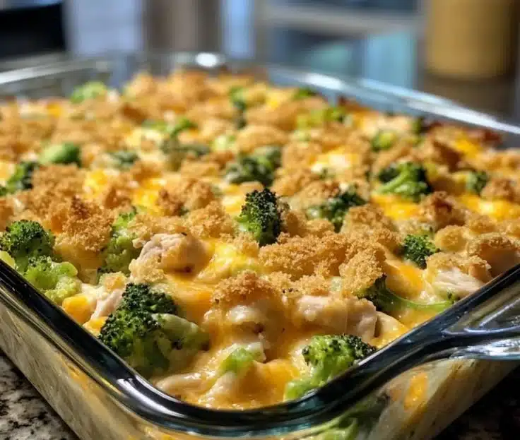 Baked Broccoli Chicken Cheese Casserole topped with melted cheese