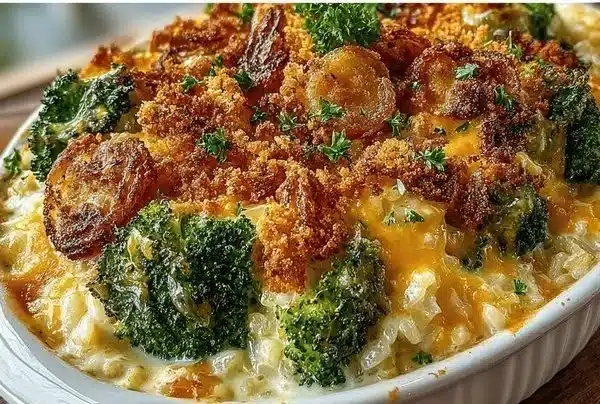 Cheesy broccoli rice casserole fresh from the oven, garnished with herbs