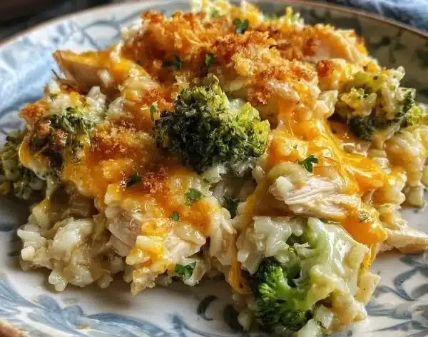 Cheesy broccoli chicken and rice casserole served in a baking dish