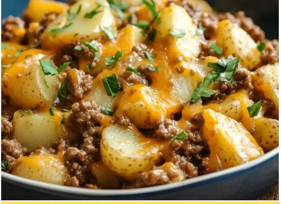 Cheesy ground beef and potato casserole served in a baking dish