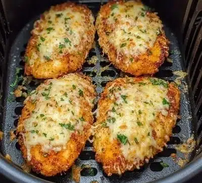 Crispy air fryer chicken parmesan served with marinara sauce and parsley.