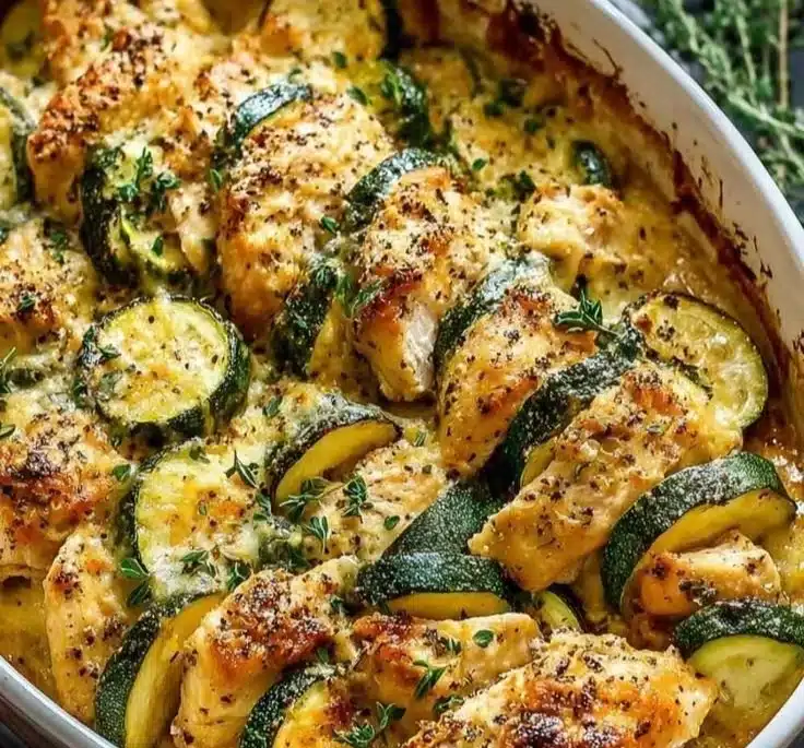 Easy chicken zucchini bake dish garnished with herbs on a plate.