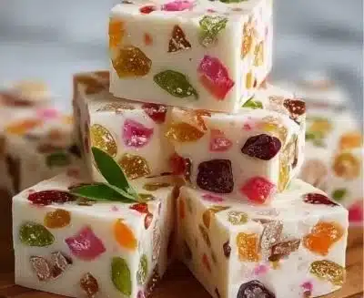 Homemade Jelly Nougat Candy on a wooden table