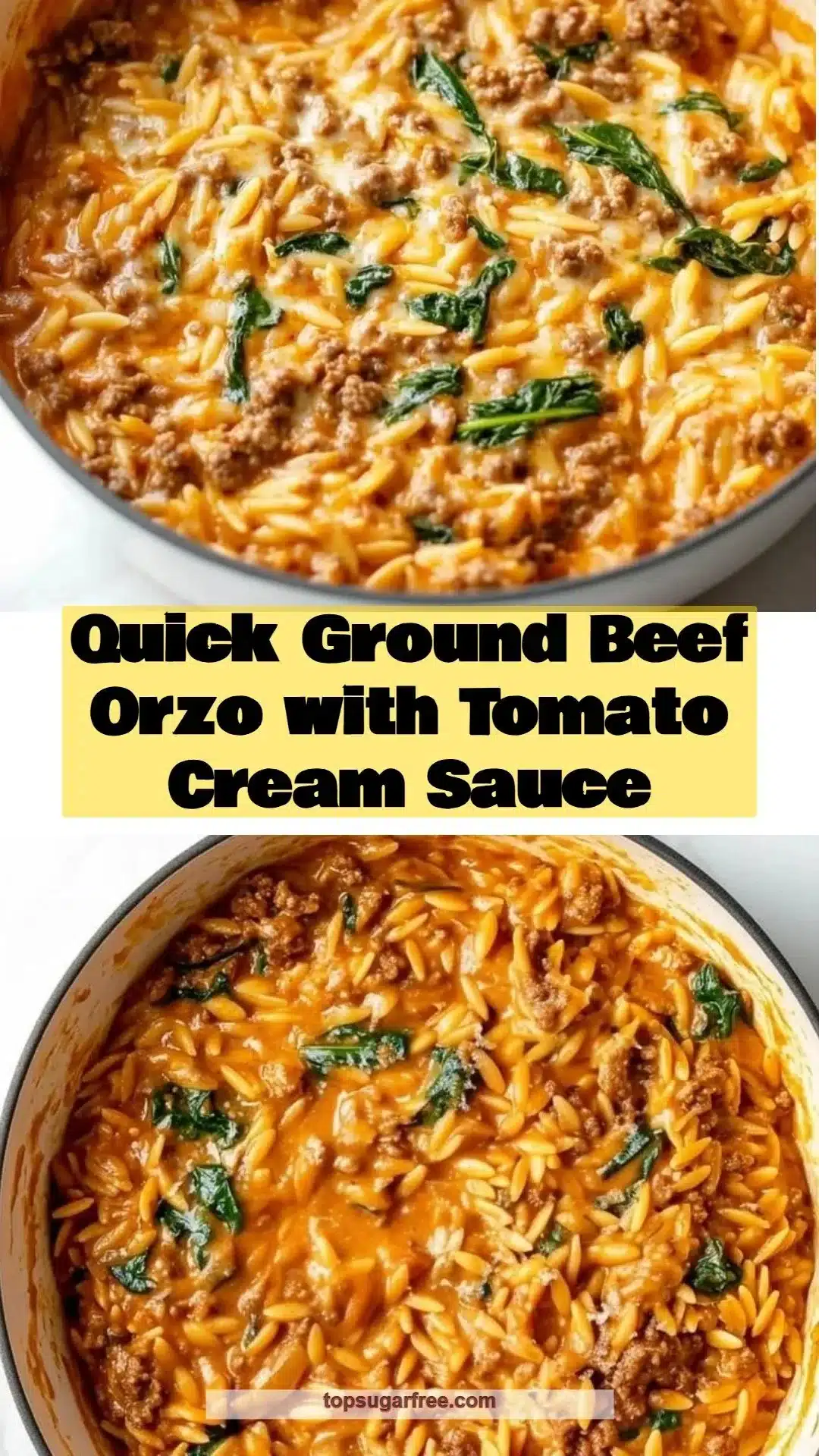 Quick ground beef orzo with tomato cream sauce in a skillet.