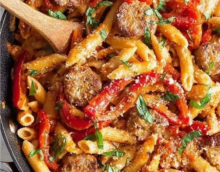Delicious 20-minute sausage pasta skillet ready to serve