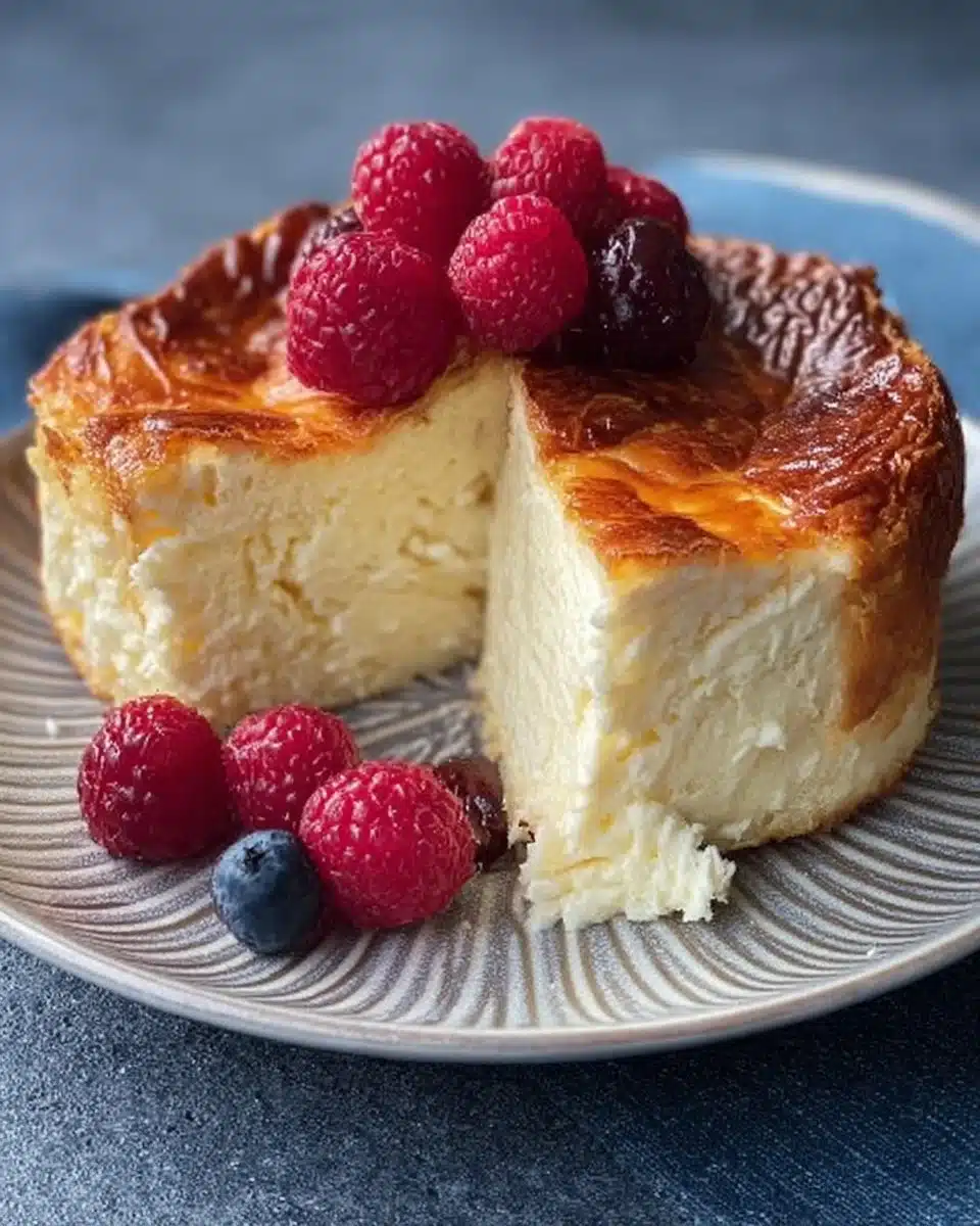 Creamy yogurt cake slice served on a plate with fresh fruit garnish