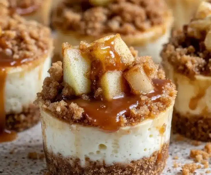 Delicious apple crisp cheesecake bites on a plate with caramel drizzle