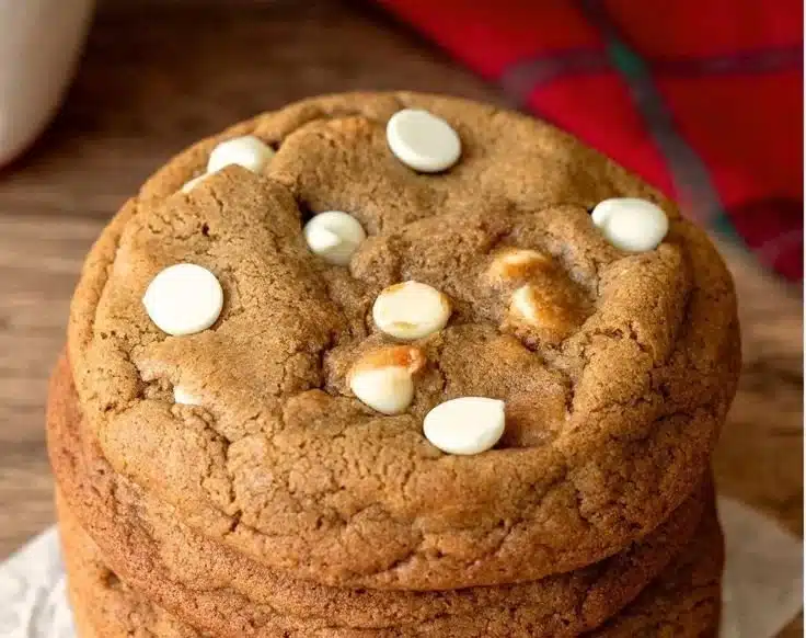 Bakery-style gingerbread cookies with white chocolate chips on a serving plate