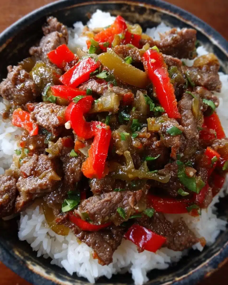 Delicious Beef and Pepper Rice Bowls with colorful bell peppers and rice