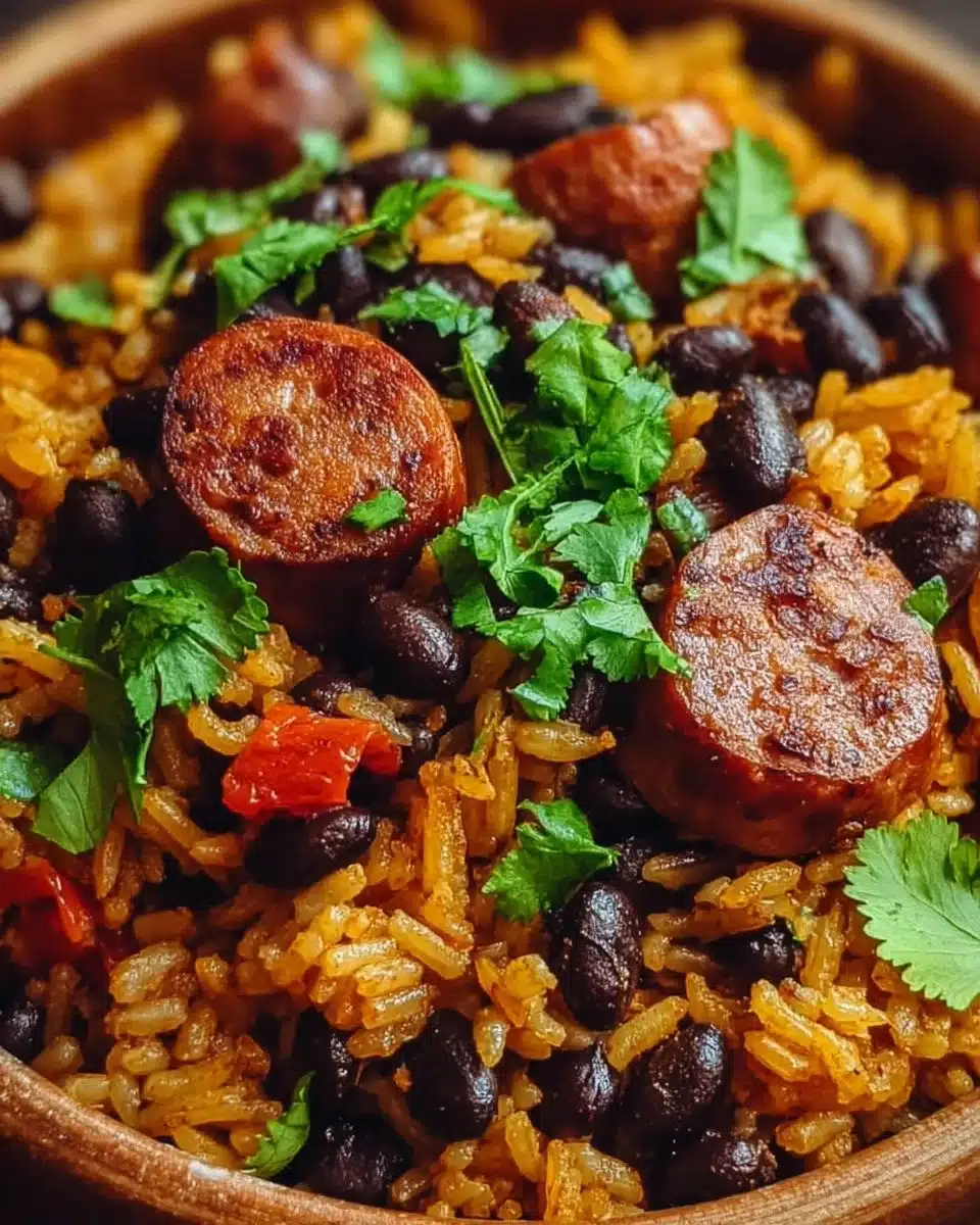 Delicious black beans and rice dish with sausage on a plate