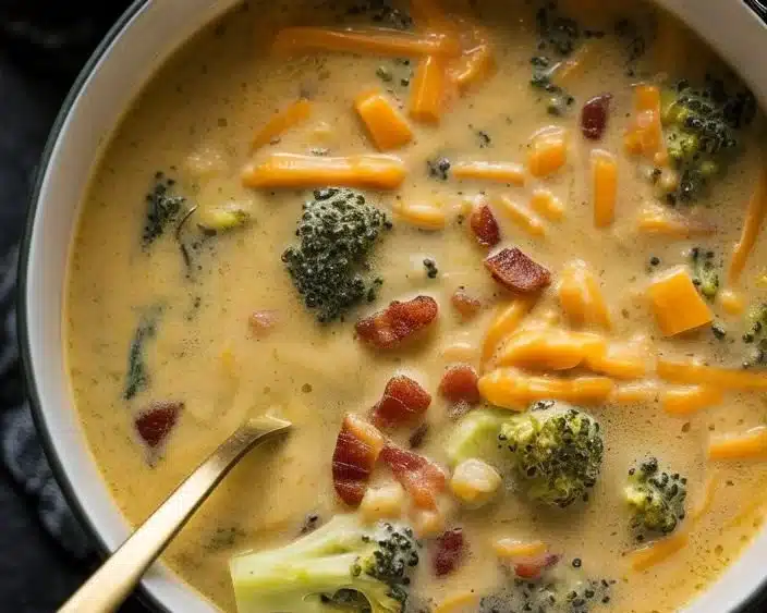 Creamy broccoli cheddar soup in a bowl garnished with fresh herbs