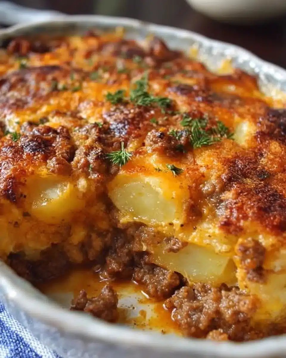 Cheesy Ground Beef and Potato Casserole served on a plate