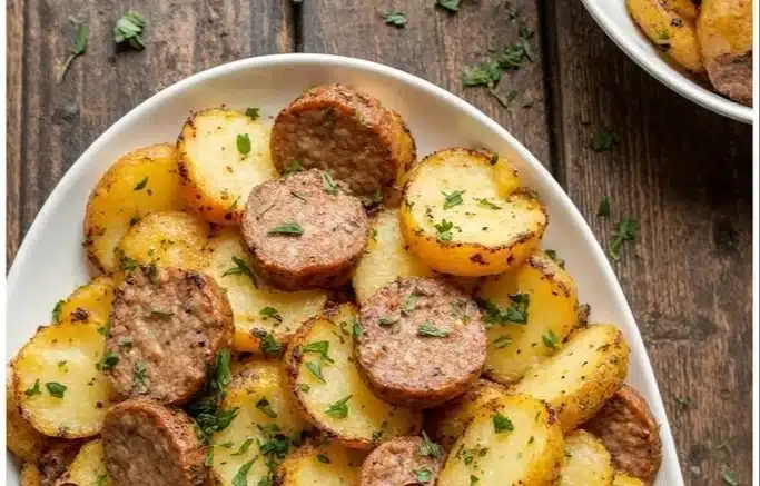 Delicious Cheesy Ranch Potatoes and Sausage in a baking dish