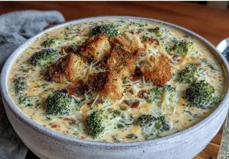 Bowl of creamy broccoli cheddar soup garnished with fresh herbs