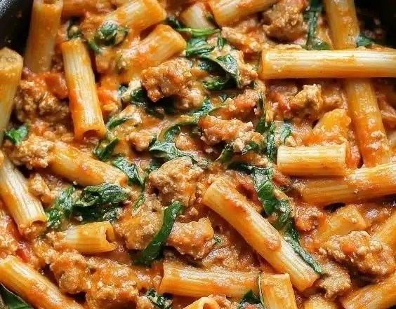 Delicious creamy sausage rigatoni with spinach and tomato cream sauce