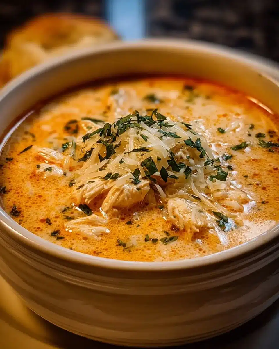 Delicious bowl of creamy chicken parmesan soup cooked in a slow cooker.