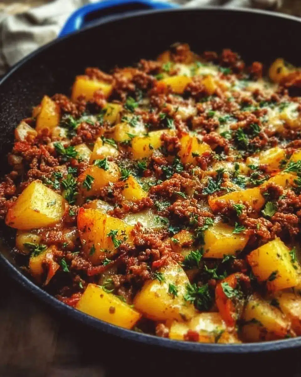 Easy ground beef and potatoes skillet garnished with fresh herbs