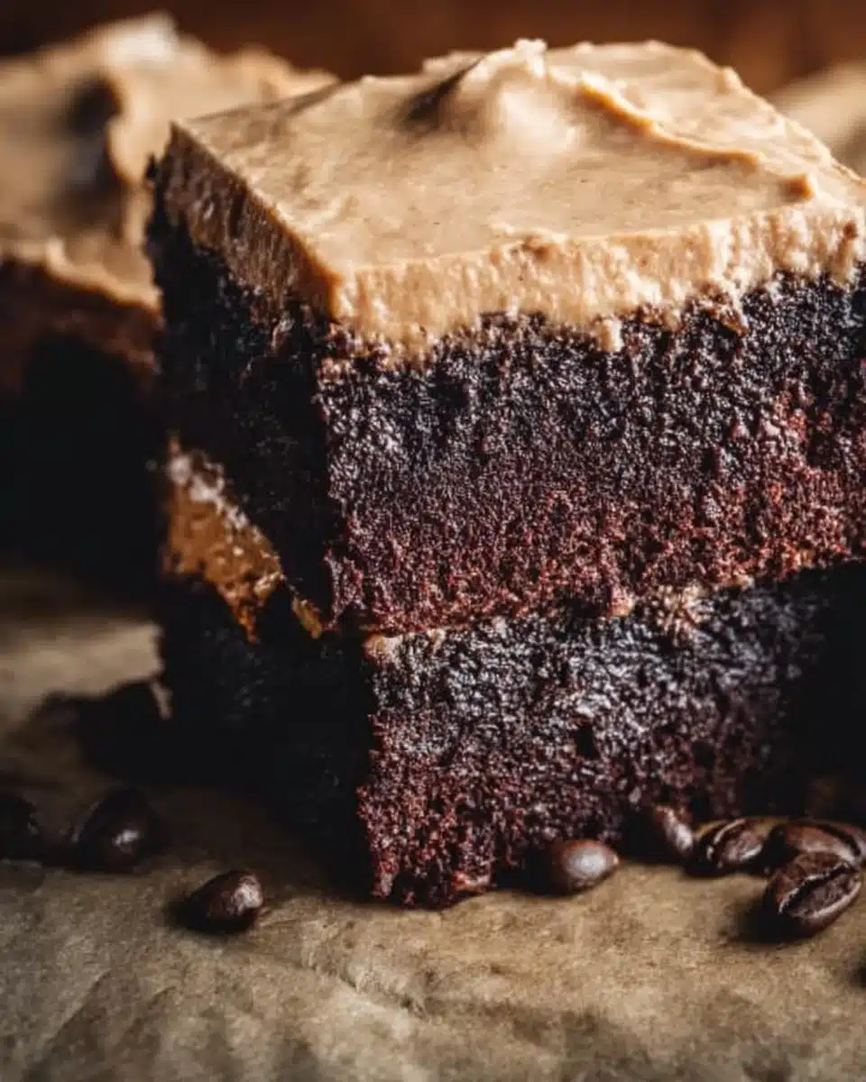 Delicious frosted coffee brownies topped with creamy icing.