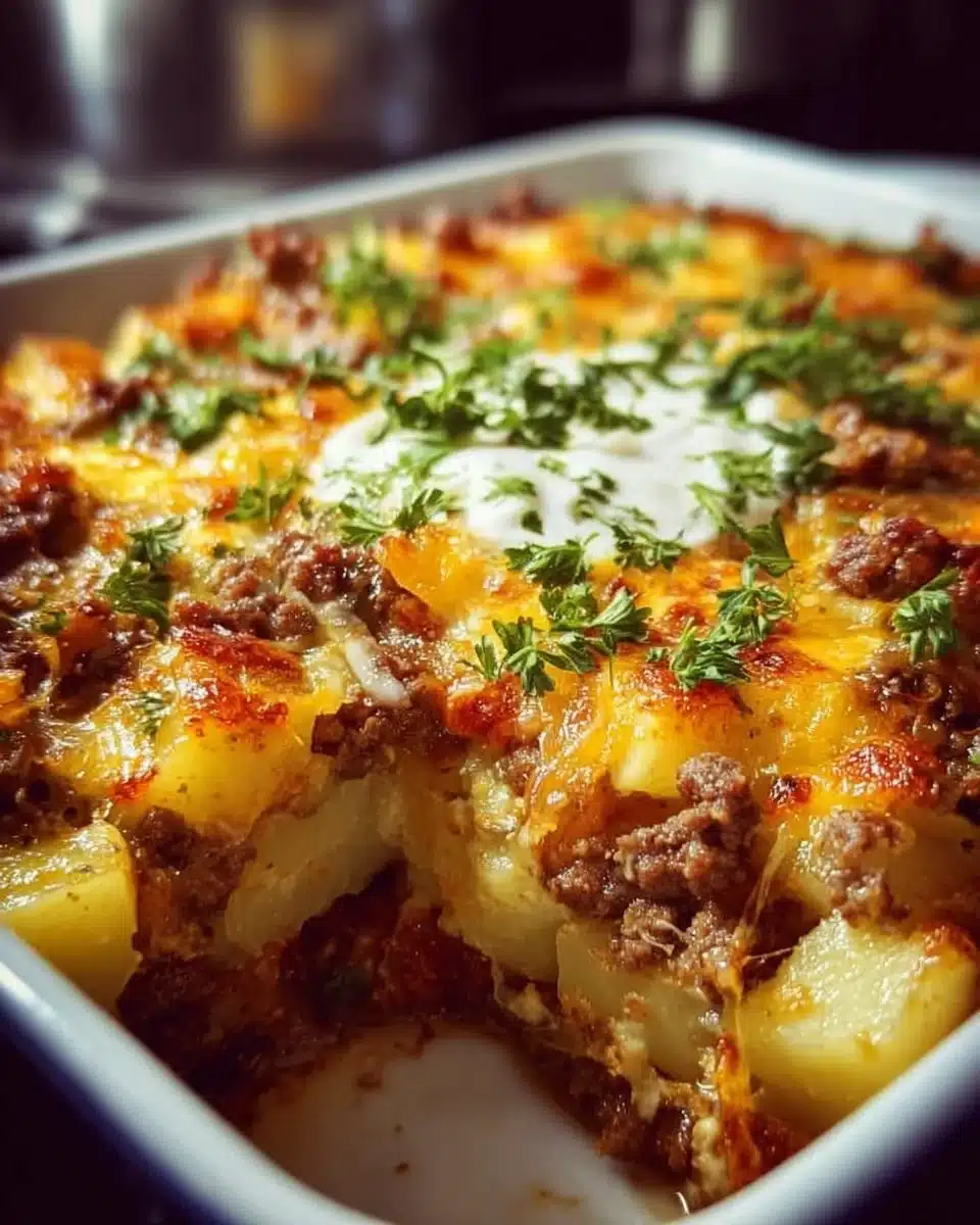 Delicious ground beef and potatoes casserole served in a baking dish