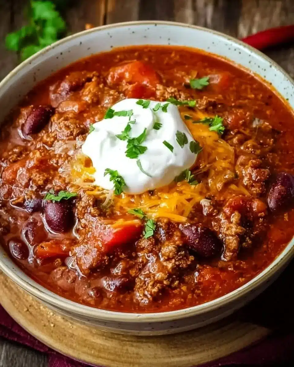 Bowl of hearty Crockpot Chili served with toppings for a cozy meal