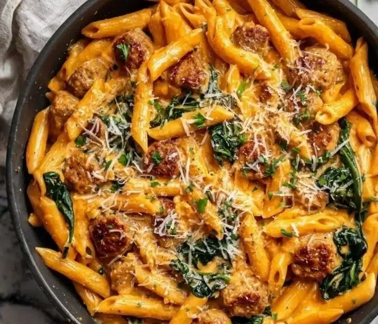 Creamy Cajun Sausage Pasta served in a bowl, garnished with parsley.