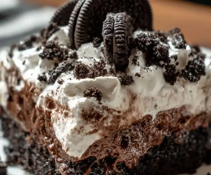 Delicious Oreo Poke Chocolate Cake with cream and crushed Oreos