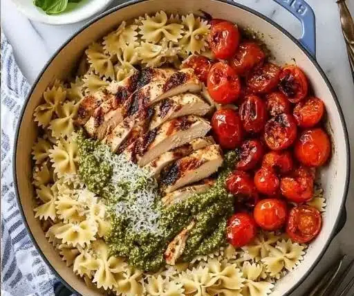 Delicious Pesto Chicken Pasta served in a bowl with fresh herbs
