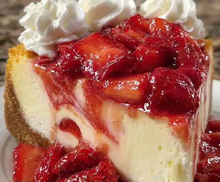 Strawberries Cream Cheesecake Swirled slice with fresh strawberries and cream