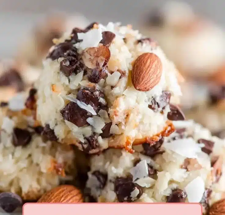 Batch of homemade Almond Joy Cookies with chocolate and almonds