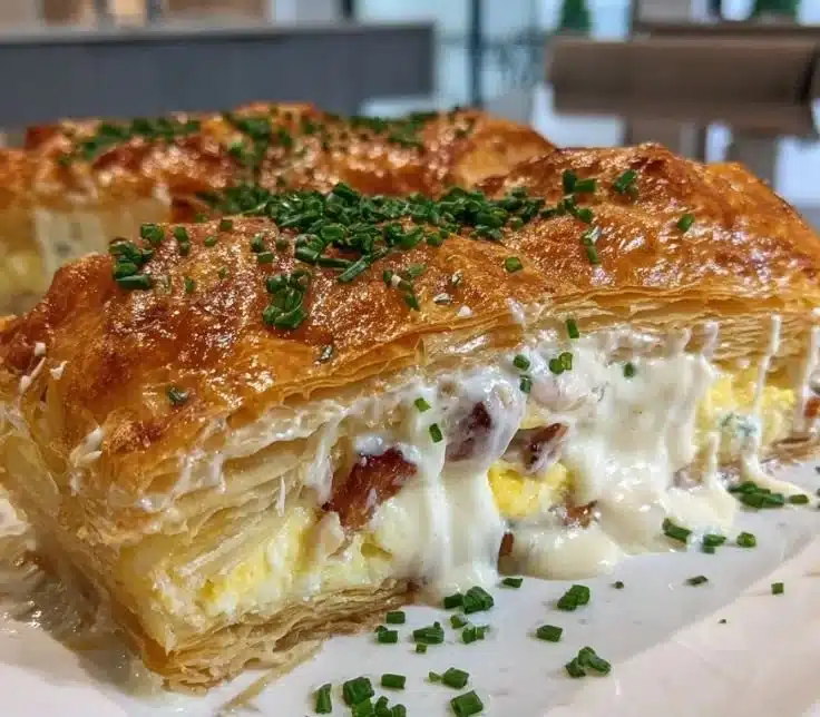 Baked Eggs Napoleon Pastry served on a plate with fresh herbs and toppings.