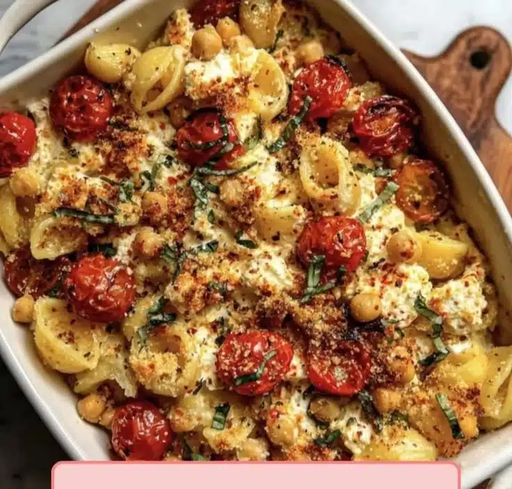 Baked feta pasta with chickpeas, fresh herbs, and cherry tomatoes in a baking dish