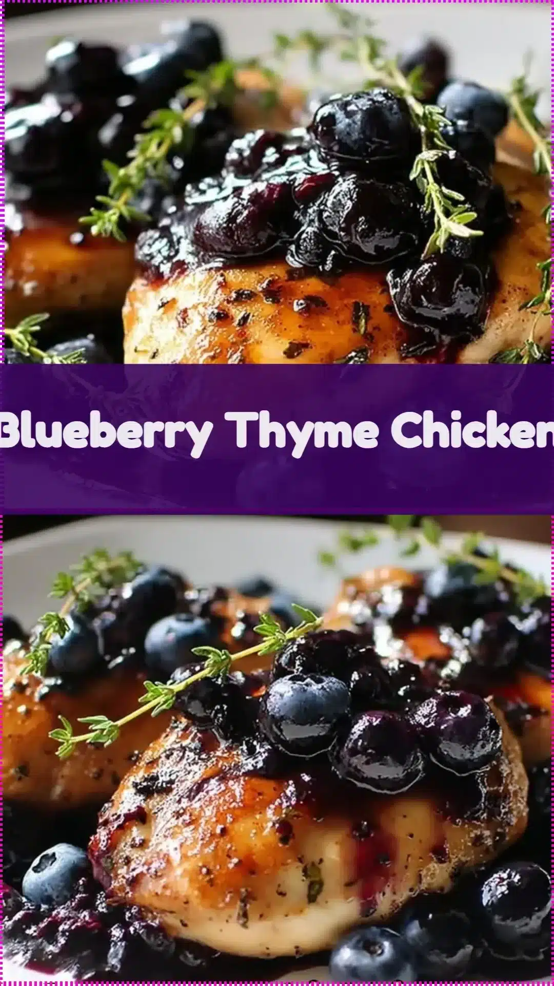 Grilled Blueberry Thyme Chicken garnished with fresh thyme and blueberries