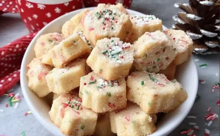 Buttery Christmas shortbread cookie bites on a festive plate