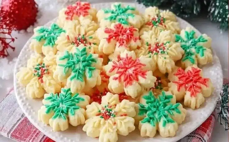Delicious buttery spritz cookies arranged on a platter.