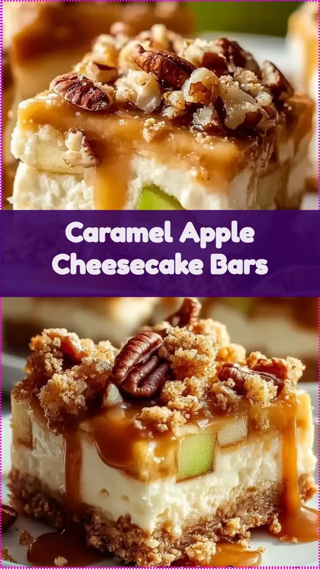 Delicious Caramel Apple Cheesecake Bars topped with caramel and apple slices