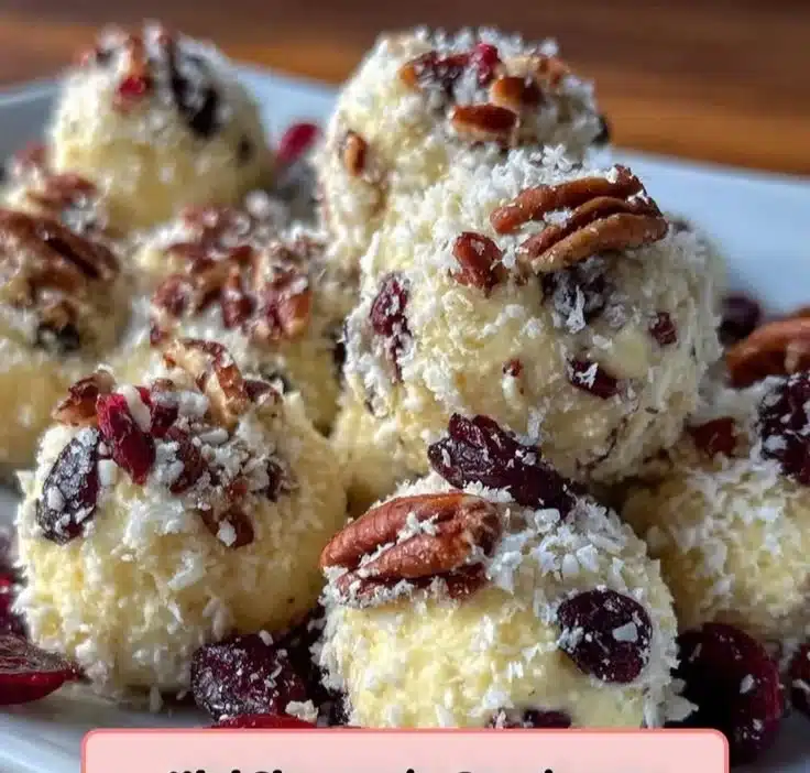 Cheese balls with pineapple and cranberries served on a festive platter