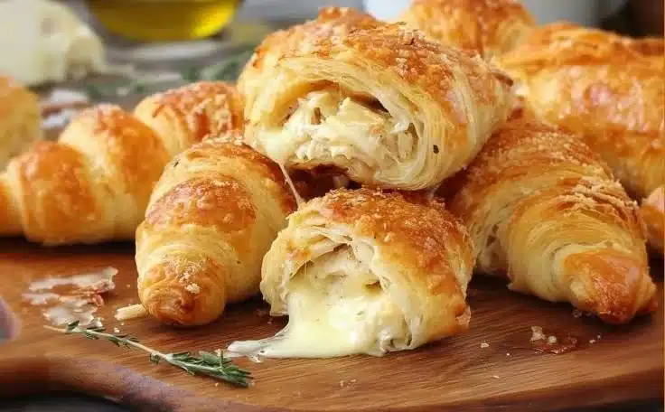 Cheesy chicken crescent rolls served on a plate, showcasing creamy filling.