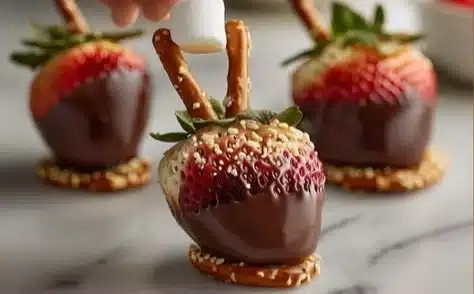 Chocolate dipped strawberries with pretzel legs on a white plate