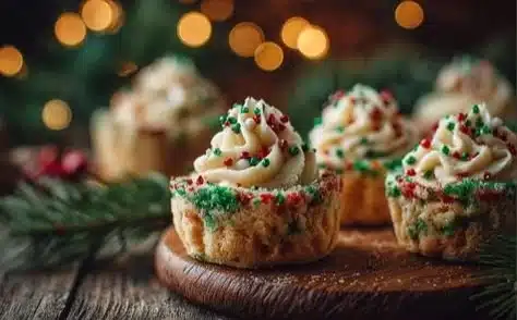 Colorful Christmas sprinkle cookie cups stacked on a plate