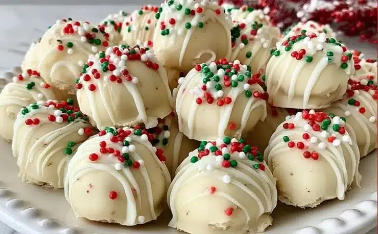 Delicious no-bake Christmas sugar cookie truffles decorated in festive colors