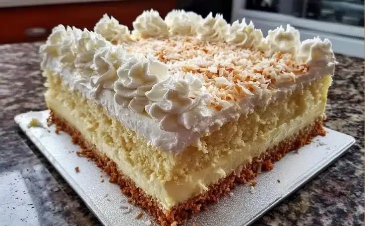Delicious Coconut Cream Dream Cake topped with fresh coconut shavings