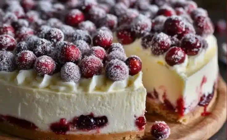 Sliced cranberry jam cheesecake with white chocolate mousse topping