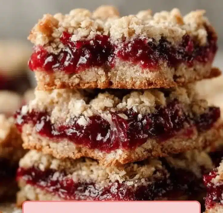 Freshly baked Cranberry Oatmeal Crumb Bars on a wooden table.