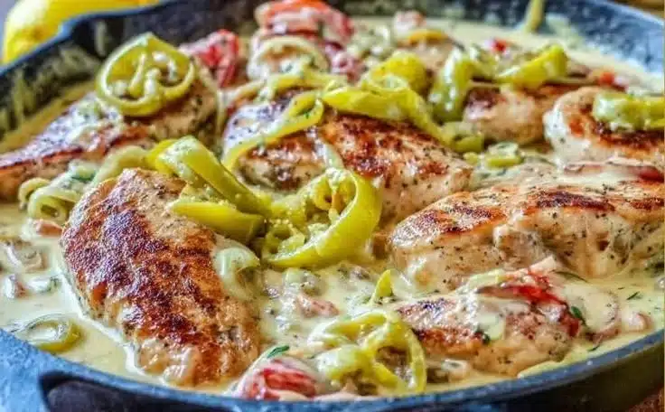 Creamy Pepperoncini Chicken Skillet recipe with flavorful sauce and tender chicken.