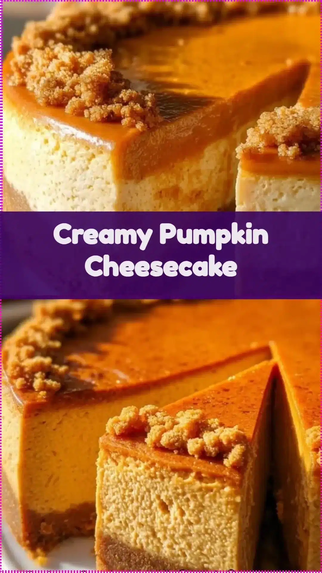 Slice of creamy pumpkin cheesecake topped with whipped cream and a sprinkle of cinnamon