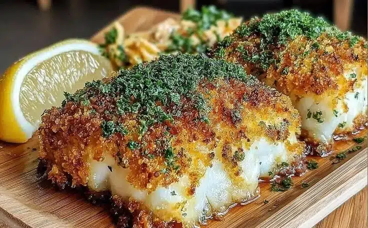 Crispy Air Fryer Parmesan Crusted Cod served with lemon and herbs