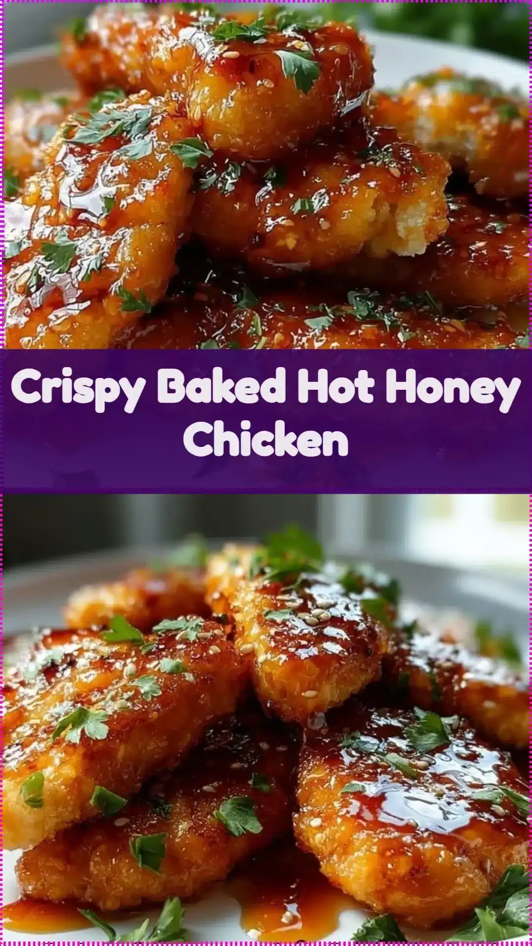 Crispy Baked Hot Honey Chicken garnished and ready to serve on a plate.